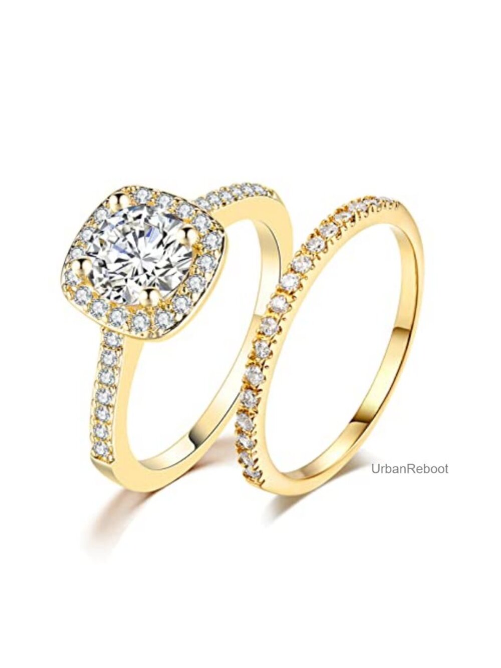 18K White Gold Plated CZ Halo Bridal Ring Set Wedding Engagement Eternity Band